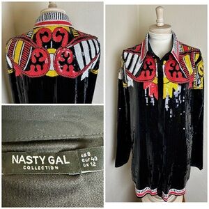 Nasty Gal Country Star Sequin Embellished Snap Shirt Jacket Long Sleeve Sz US 8